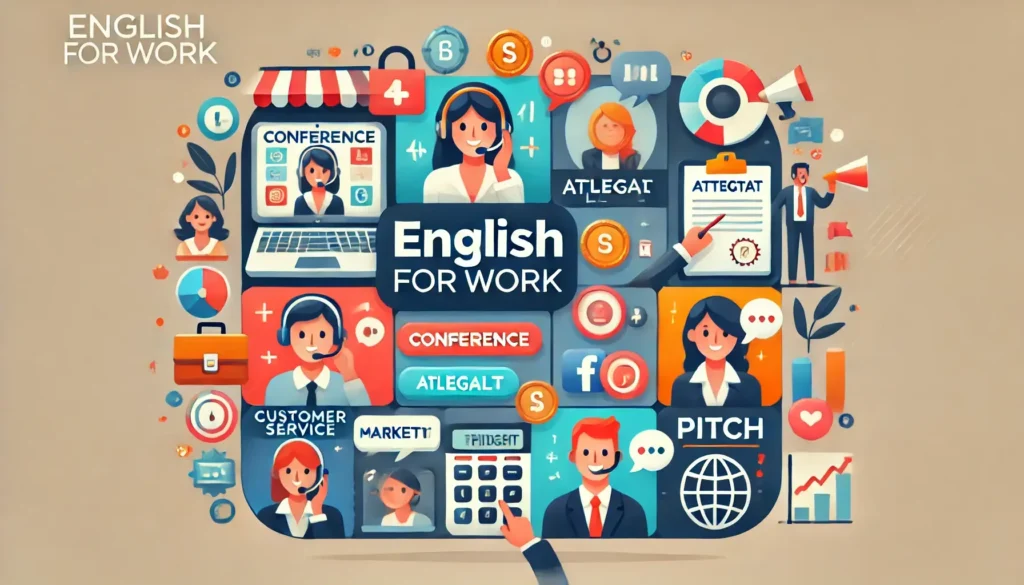 这是一张标题为“English For Work”的插图,展示了多种与工作相关的英语技能